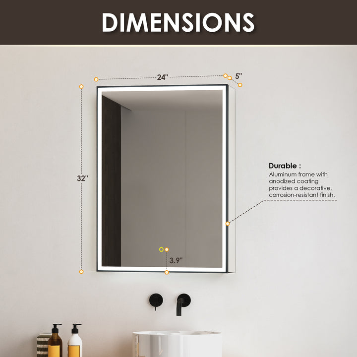 Fenice Rectangular Surface-Mount/Reccessed LED Lighted Bathroom Black Aluminum Mirror Medicine Cabinet
