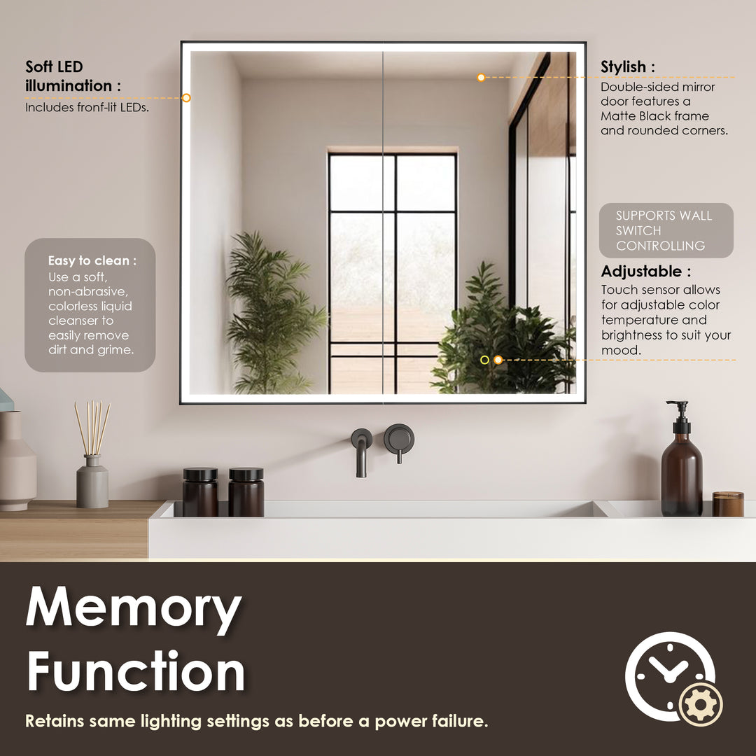 Fenice Rectangular Surface-Mount/Reccessed LED Lighted Bathroom Black Aluminum Mirror Medicine Cabinet