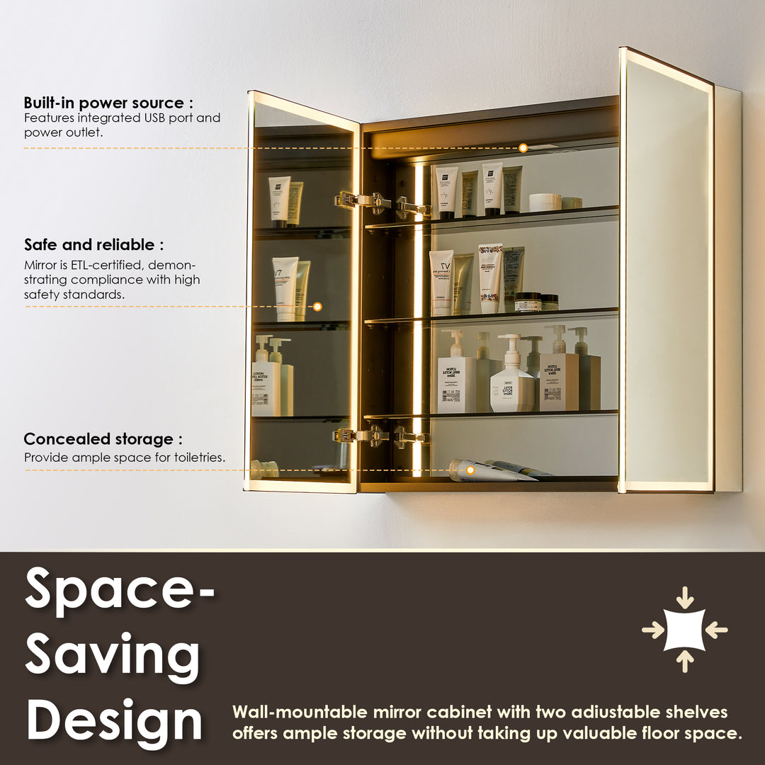 Fenice Rectangular Surface-Mount/Reccessed LED Lighted Bathroom Black Aluminum Mirror Medicine Cabinet