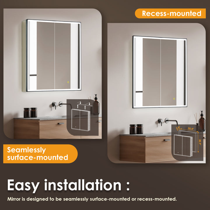 Fenice Rectangular Surface-Mount/Reccessed LED Lighted Bathroom Black Aluminum Mirror Medicine Cabinet