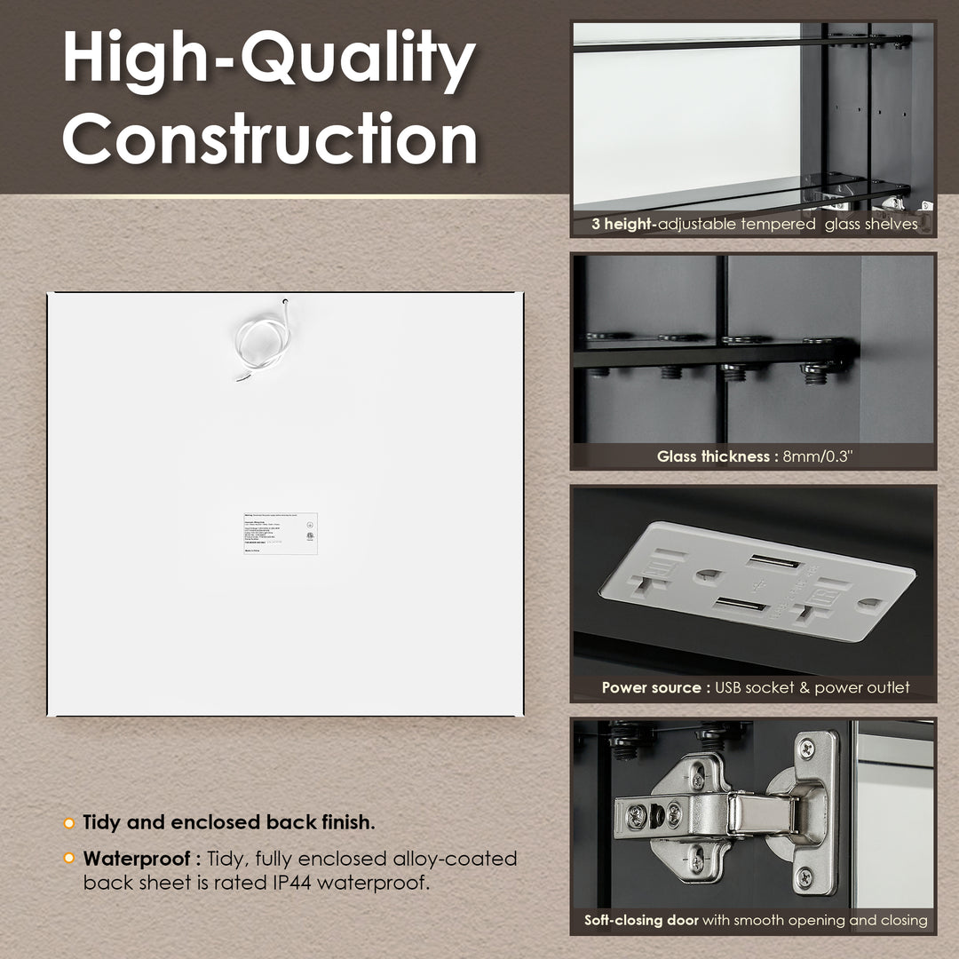 Fenice Rectangular Surface-Mount/Reccessed LED Lighted Bathroom Black Aluminum Mirror Medicine Cabinet