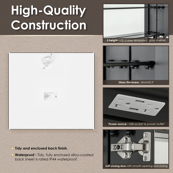 Fenice Rectangular Surface-Mount/Reccessed LED Lighted Bathroom Black Aluminum Mirror Medicine Cabinet