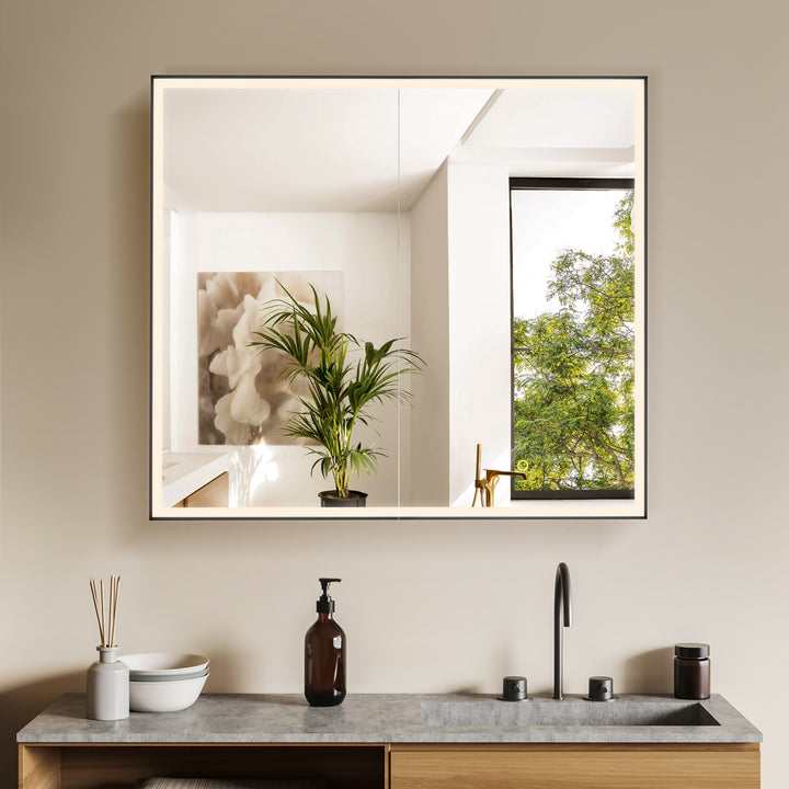 Fenice Rectangular Surface-Mount/Reccessed LED Lighted Bathroom Black Aluminum Mirror Medicine Cabinet