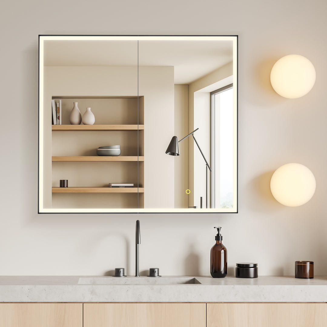 Fenice Rectangular Surface-Mount/Reccessed LED Lighted Bathroom Black Aluminum Mirror Medicine Cabinet