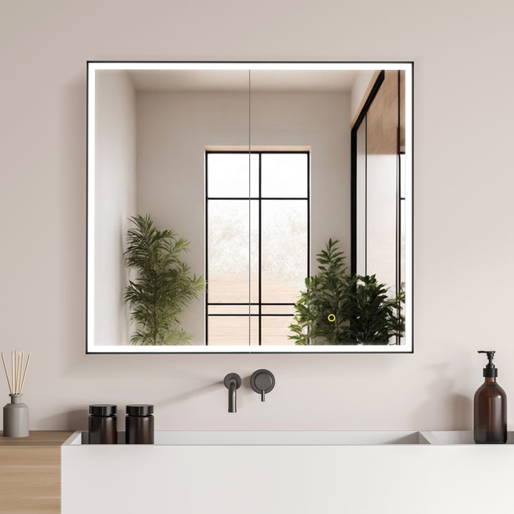 Fenice Rectangular Surface-Mount/Reccessed LED Lighted Bathroom Black Aluminum Mirror Medicine Cabinet