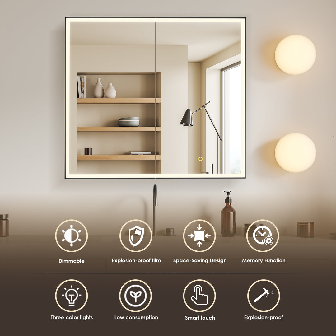 Fenice Rectangular Surface-Mount/Reccessed LED Lighted Bathroom Black Aluminum Mirror Medicine Cabinet