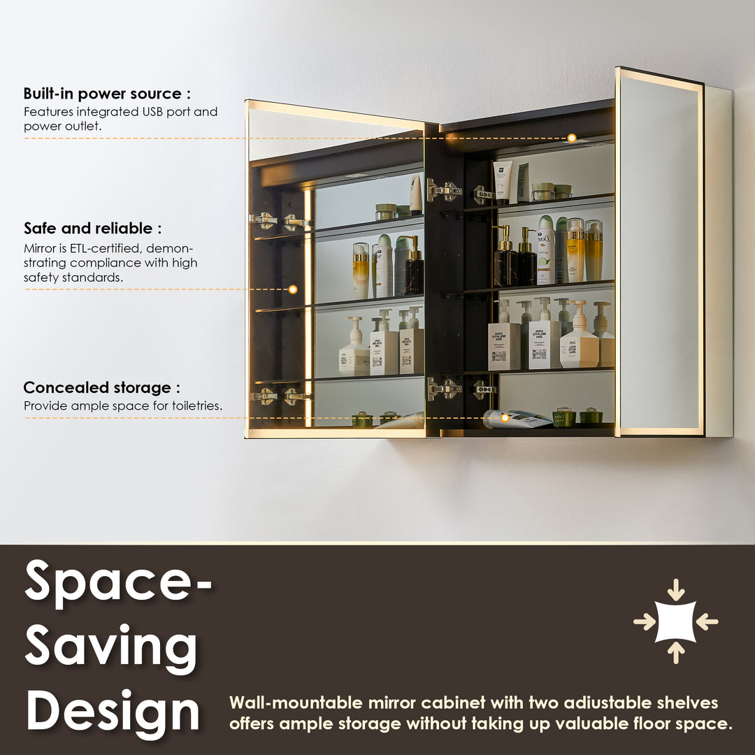Fenice Rectangular Surface-Mount/Reccessed LED Lighted Bathroom Black Aluminum Mirror Medicine Cabinet
