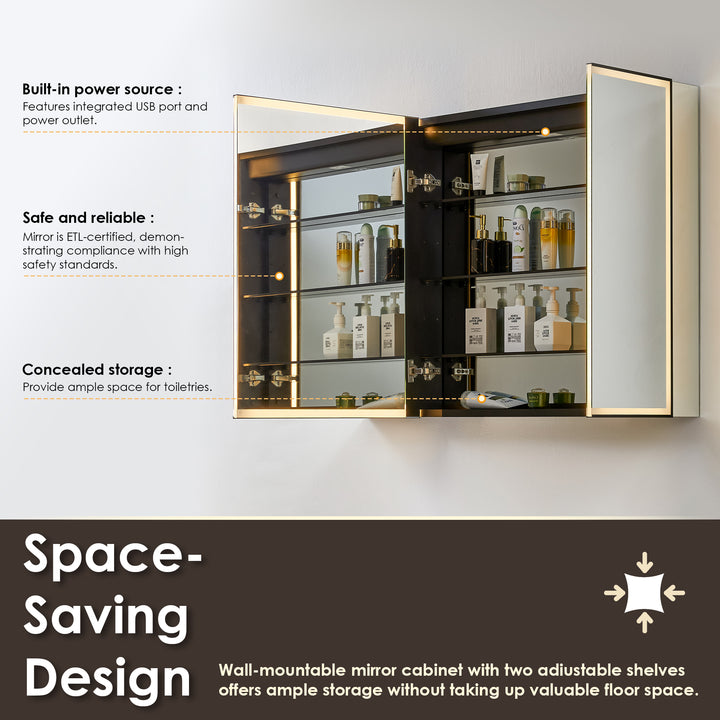 Fenice Rectangular Surface-Mount/Reccessed LED Lighted Bathroom Black Aluminum Mirror Medicine Cabinet
