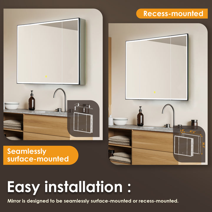 Fenice Rectangular Surface-Mount/Reccessed LED Lighted Bathroom Black Aluminum Mirror Medicine Cabinet