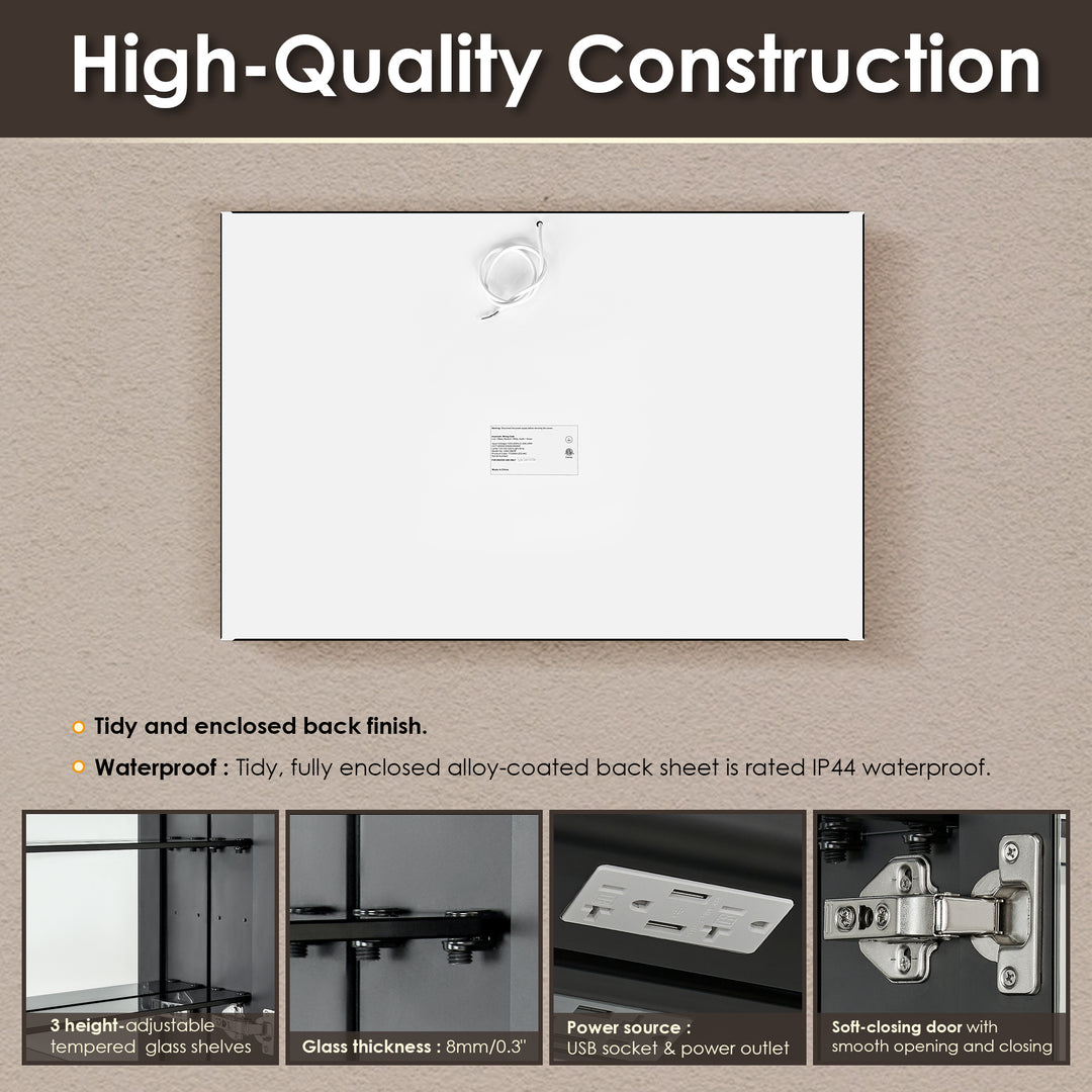 Fenice Rectangular Surface-Mount/Reccessed LED Lighted Bathroom Black Aluminum Mirror Medicine Cabinet