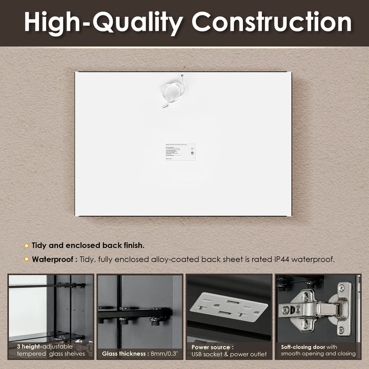 Fenice Rectangular Surface-Mount/Reccessed LED Lighted Bathroom Black Aluminum Mirror Medicine Cabinet