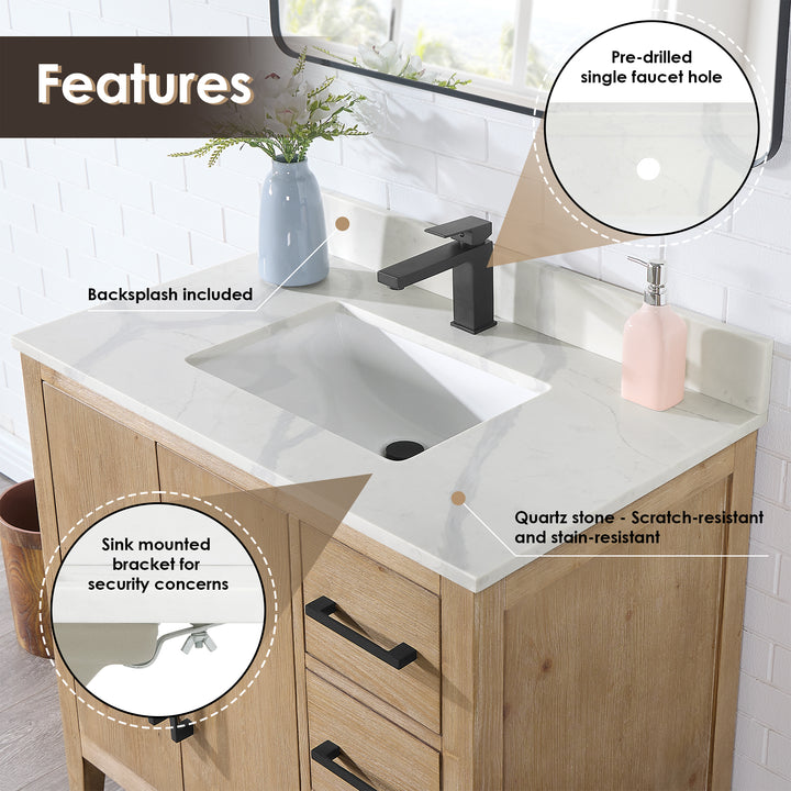 Arbios Arbios Quartz Stone Vanity Top in Calacatta White with White Sink
