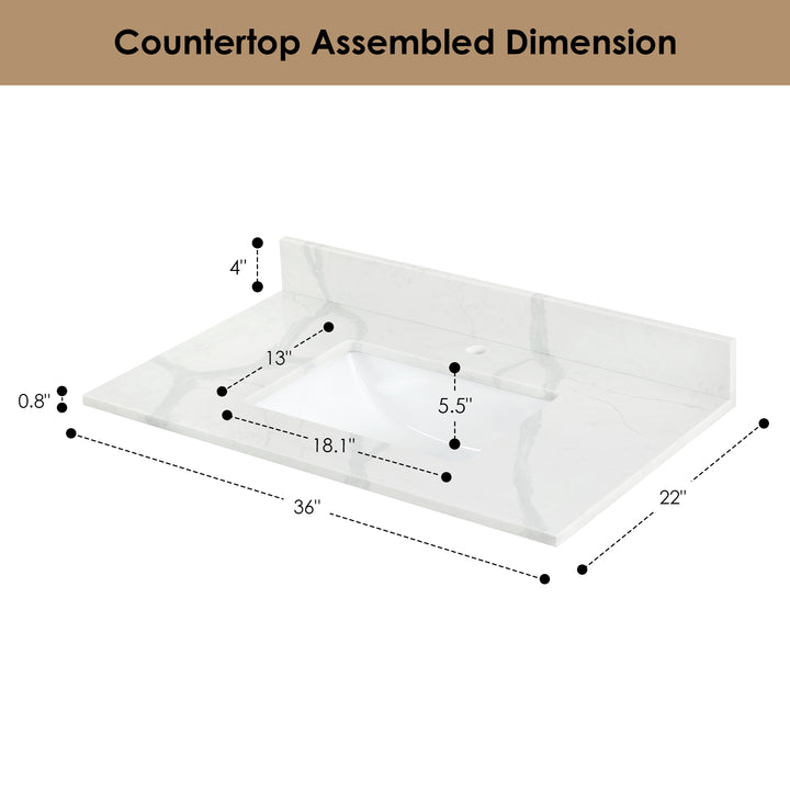 Arbios Arbios Quartz Stone Vanity Top in Calacatta White with White Sink