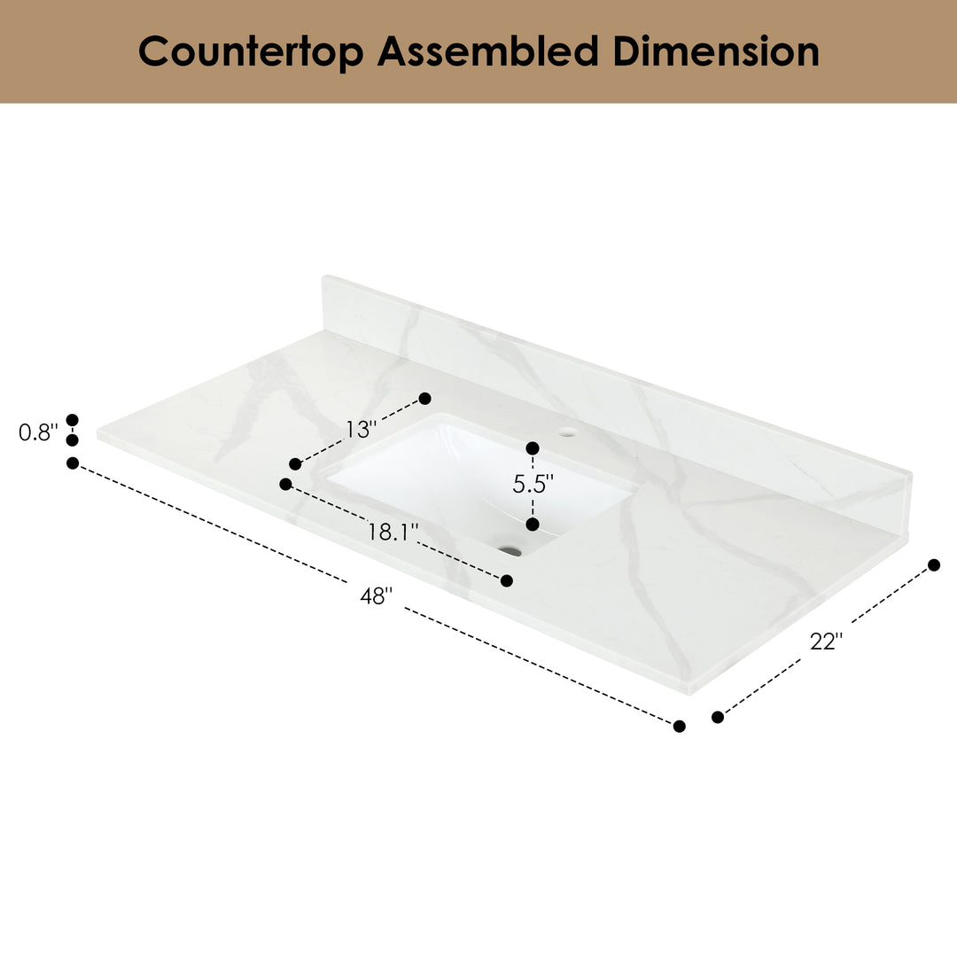 Arbios Arbios Quartz Stone Vanity Top in Calacatta White with White Sink