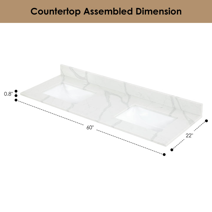 Arbios Arbios Quartz Stone Vanity Top in Calacatta White with White Sink