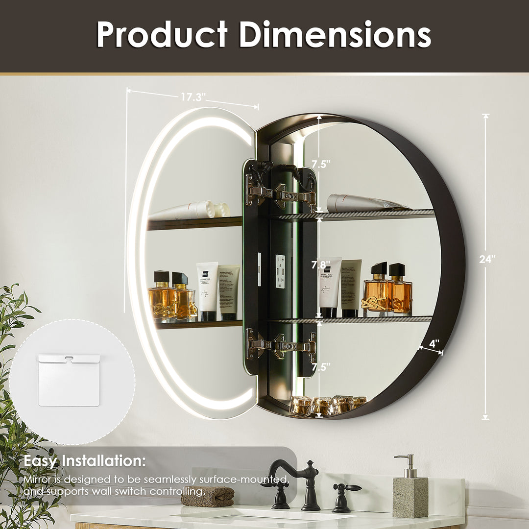 Radiant Round Frameless Surface-Mount LED Lighted Bathroom Mirror Medicine Cabinet