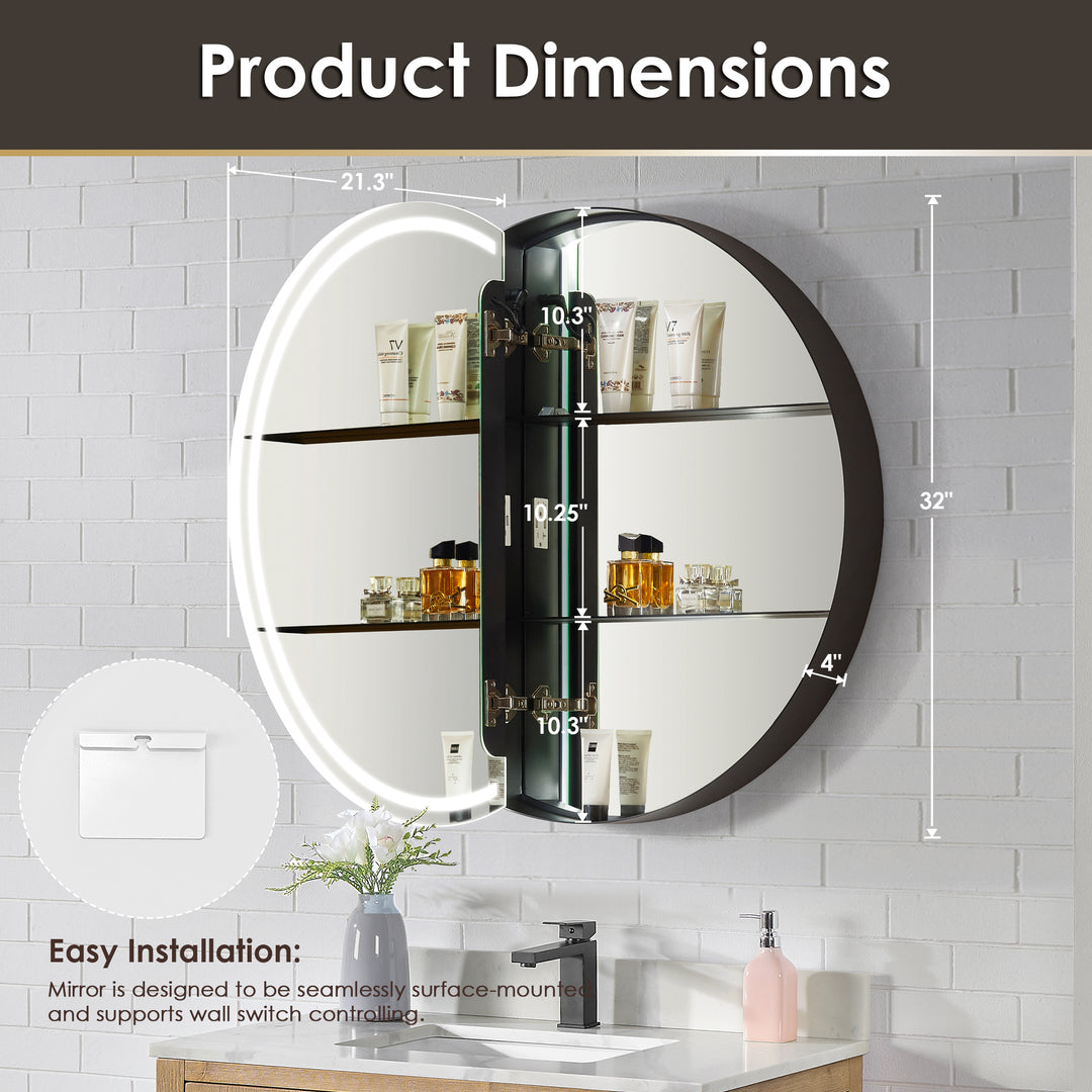 Radiant Round Frameless Surface-Mount LED Lighted Bathroom Mirror Medicine Cabinet