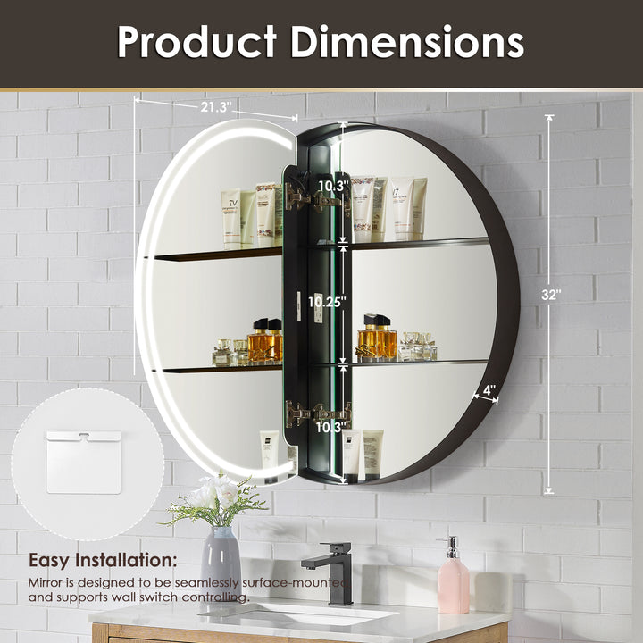 Radiant Round Frameless Surface-Mount LED Lighted Bathroom Mirror Medicine Cabinet