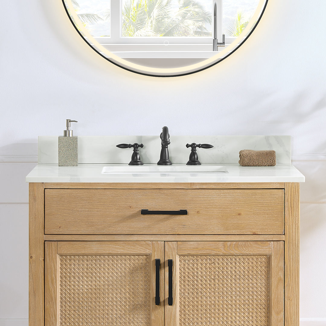 Arbios Arbios Quartz Stone Vanity Top in Calacatta White with White Sink - Pre-drilled for 8" widespread, 3-hole faucet design