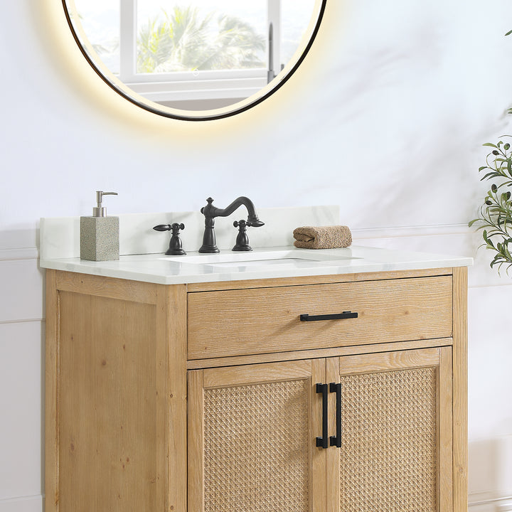 Arbios Arbios Quartz Stone Vanity Top in Calacatta White with White Sink - Pre-drilled for 8" widespread, 3-hole faucet design