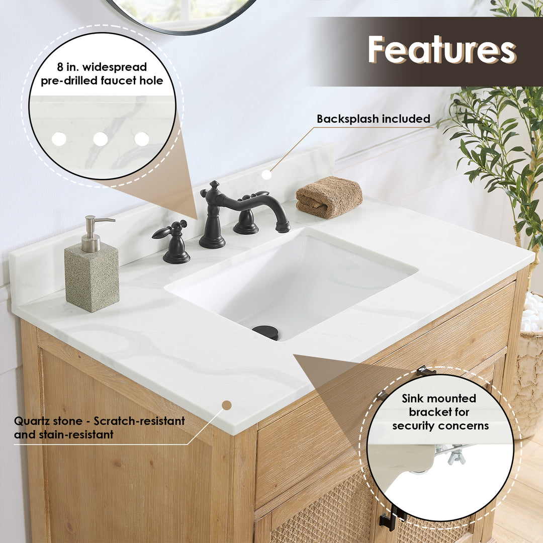 Arbios Arbios Quartz Stone Vanity Top in Calacatta White with White Sink - Pre-drilled for 8" widespread, 3-hole faucet design