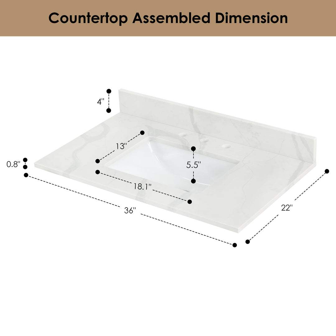 Arbios Arbios Quartz Stone Vanity Top in Calacatta White with White Sink - Pre-drilled for 8" widespread, 3-hole faucet design