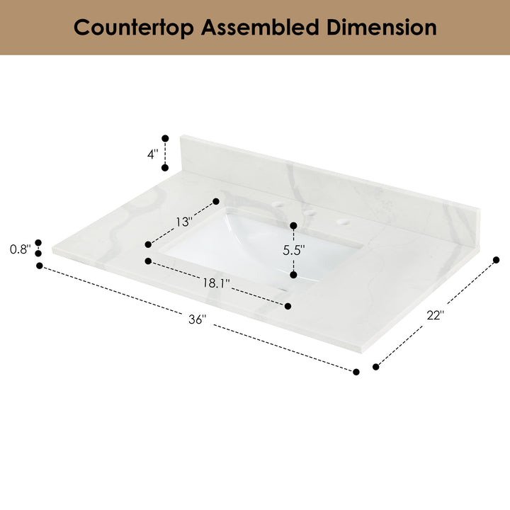 Arbios Arbios Quartz Stone Vanity Top in Calacatta White with White Sink - Pre-drilled for 8" widespread, 3-hole faucet design
