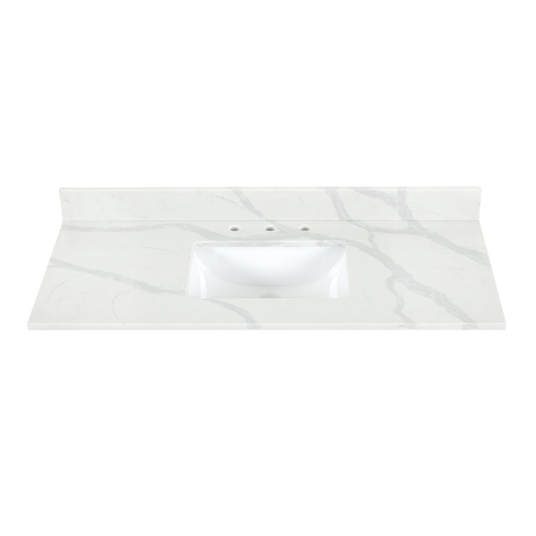 Arbios Arbios Quartz Stone Vanity Top in Calacatta White with White Sink - Pre-drilled for 8" widespread, 3-hole faucet design