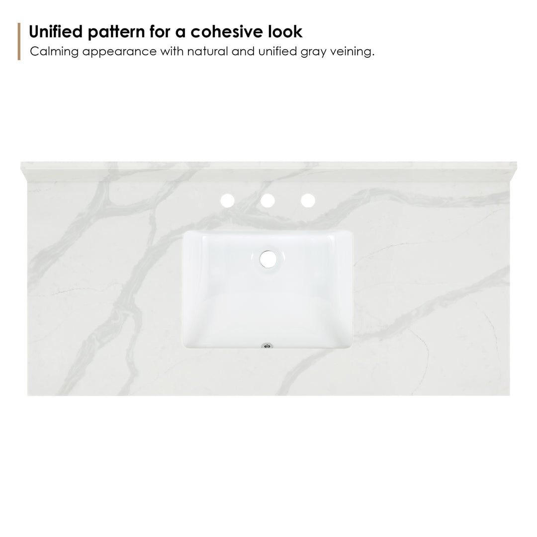 Arbios Arbios Quartz Stone Vanity Top in Calacatta White with White Sink - Pre-drilled for 8" widespread, 3-hole faucet design