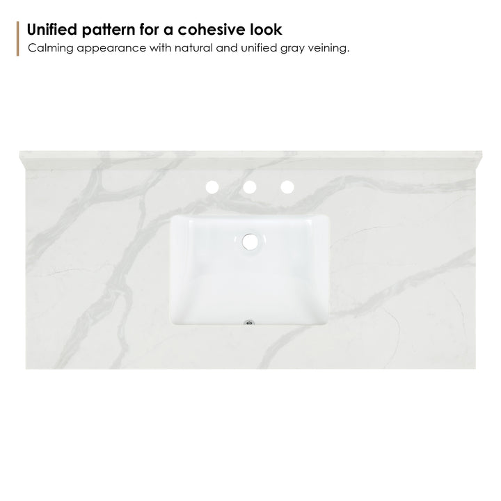 Arbios Arbios Quartz Stone Vanity Top in Calacatta White with White Sink - Pre-drilled for 8" widespread, 3-hole faucet design