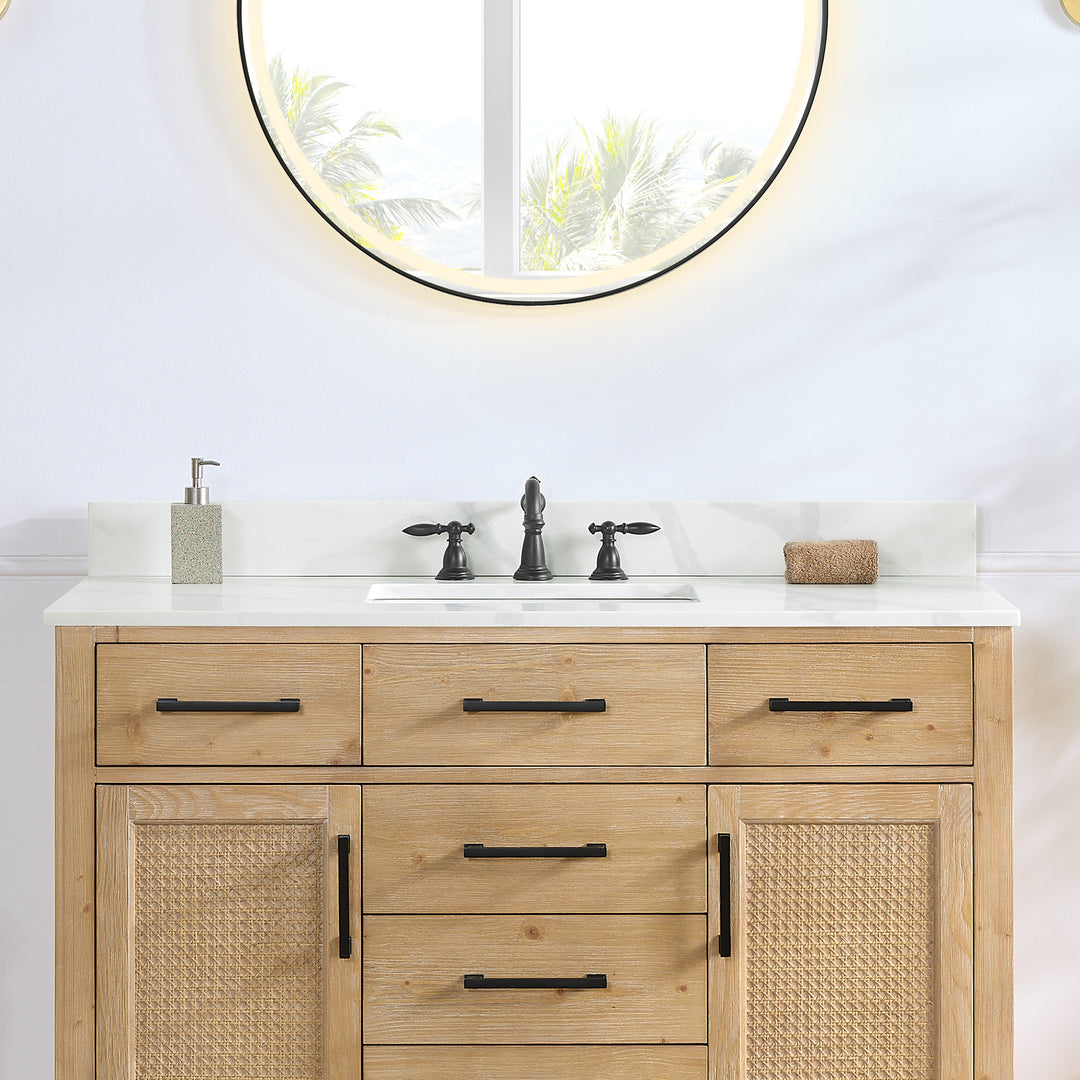 Arbios Arbios Quartz Stone Vanity Top in Calacatta White with White Sink - Pre-drilled for 8" widespread, 3-hole faucet design