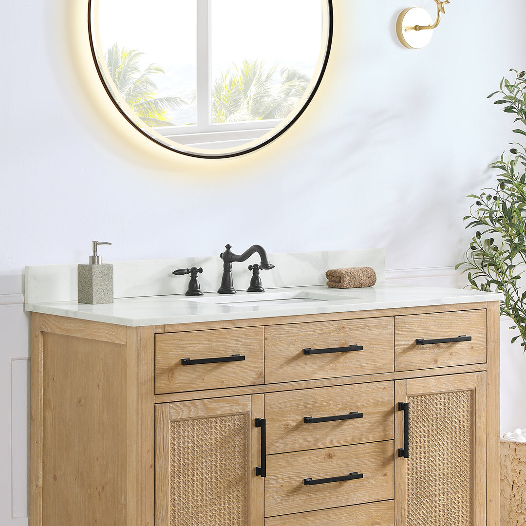 Arbios Arbios Quartz Stone Vanity Top in Calacatta White with White Sink - Pre-drilled for 8" widespread, 3-hole faucet design