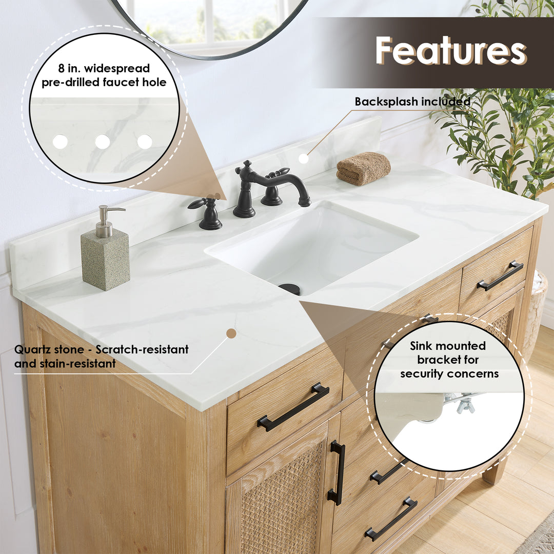 Arbios Arbios Quartz Stone Vanity Top in Calacatta White with White Sink - Pre-drilled for 8" widespread, 3-hole faucet design