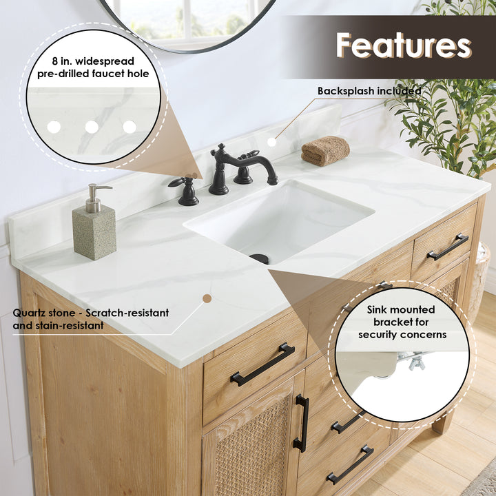 Arbios Arbios Quartz Stone Vanity Top in Calacatta White with White Sink - Pre-drilled for 8" widespread, 3-hole faucet design