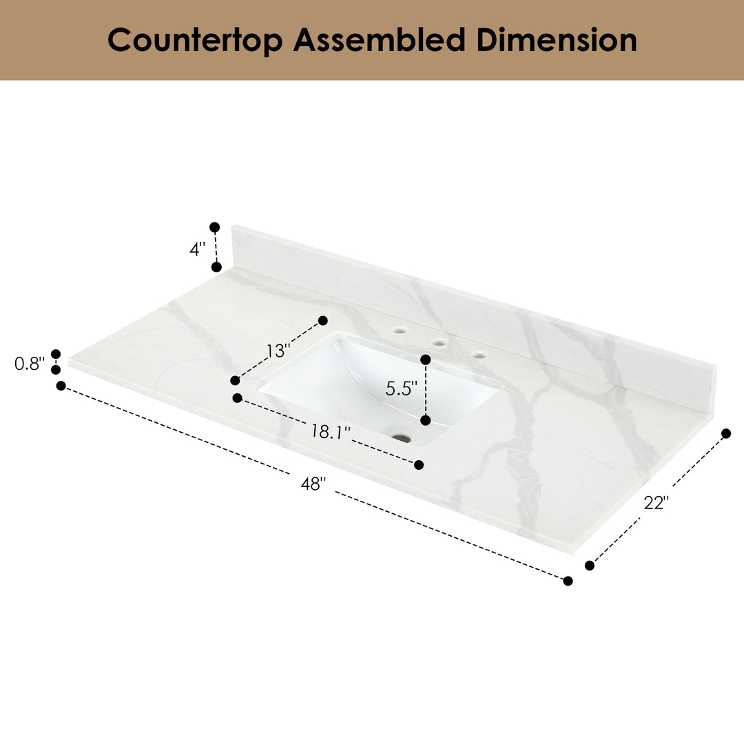 Arbios Arbios Quartz Stone Vanity Top in Calacatta White with White Sink - Pre-drilled for 8" widespread, 3-hole faucet design