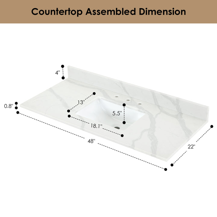 Arbios Arbios Quartz Stone Vanity Top in Calacatta White with White Sink - Pre-drilled for 8" widespread, 3-hole faucet design