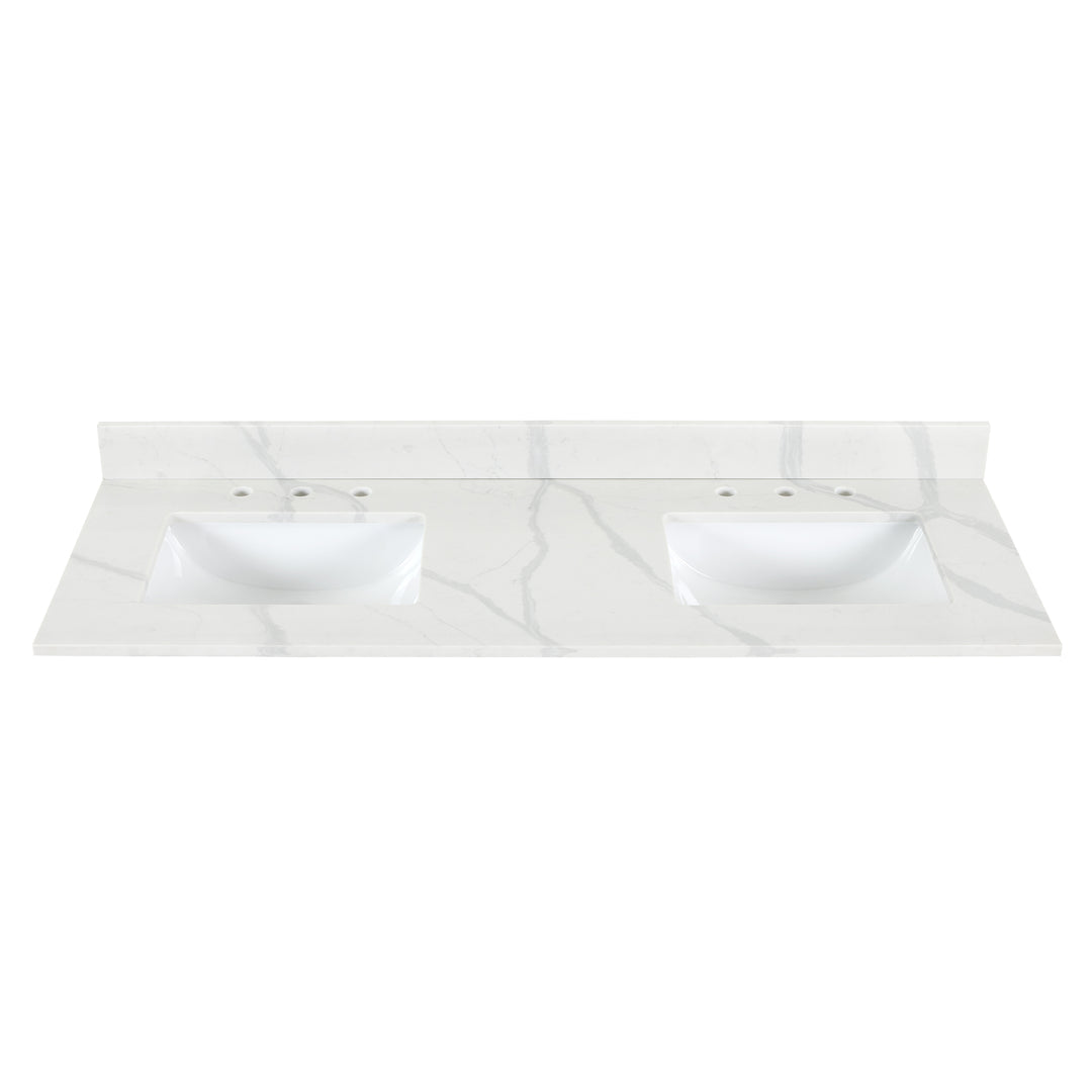Arbios Arbios Quartz Stone Vanity Top in Calacatta White with White Sink - Pre-drilled for 8" widespread, 3-hole faucet design