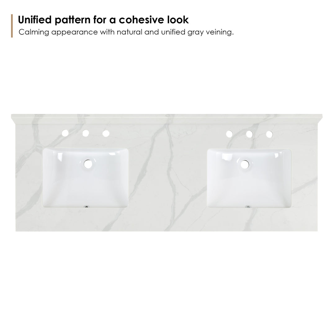 Arbios Arbios Quartz Stone Vanity Top in Calacatta White with White Sink - Pre-drilled for 8" widespread, 3-hole faucet design