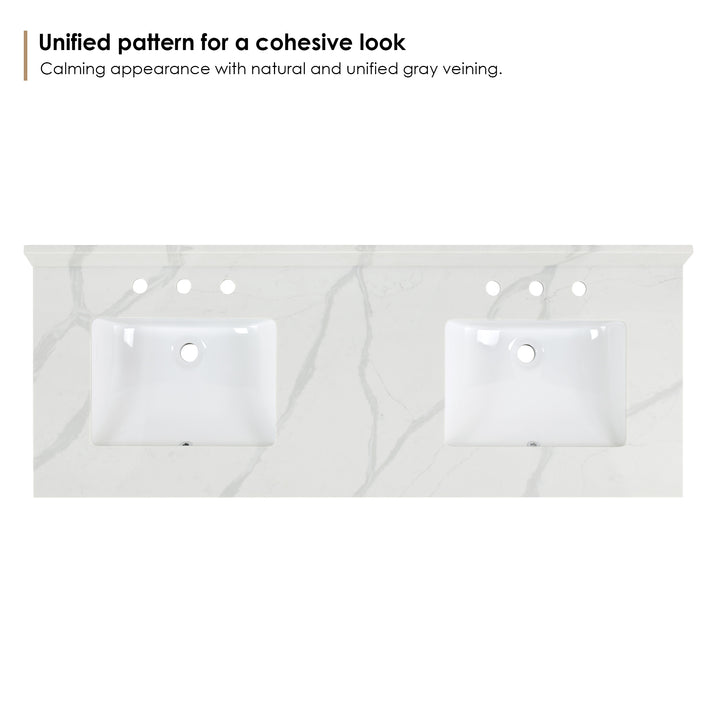 Arbios Arbios Quartz Stone Vanity Top in Calacatta White with White Sink - Pre-drilled for 8" widespread, 3-hole faucet design