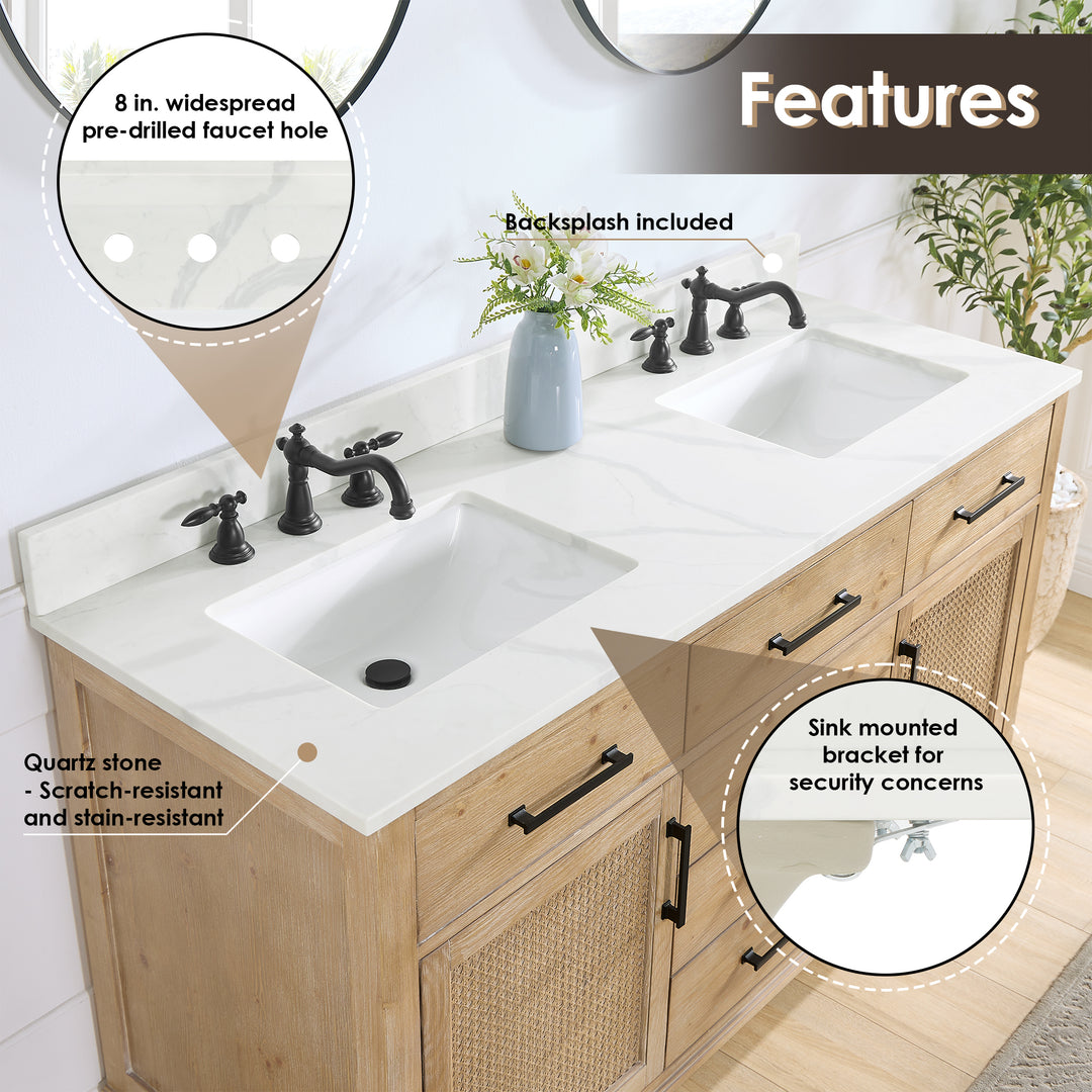 Arbios Arbios Quartz Stone Vanity Top in Calacatta White with White Sink - Pre-drilled for 8" widespread, 3-hole faucet design