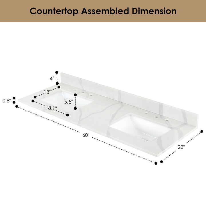 Arbios Arbios Quartz Stone Vanity Top in Calacatta White with White Sink - Pre-drilled for 8" widespread, 3-hole faucet design