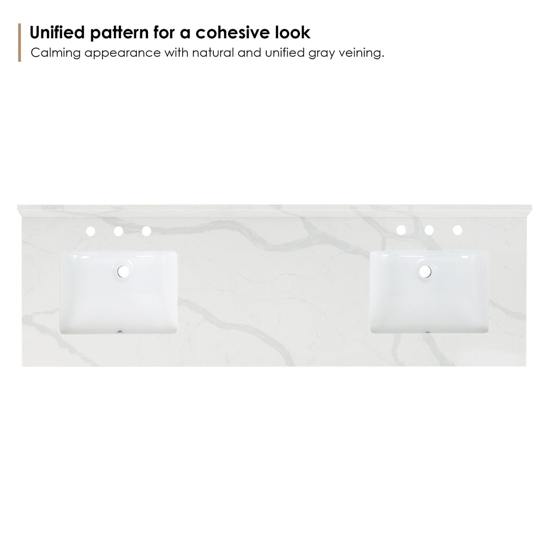 Arbios Arbios Quartz Stone Vanity Top in Calacatta White with White Sink - Pre-drilled for 8" widespread, 3-hole faucet design