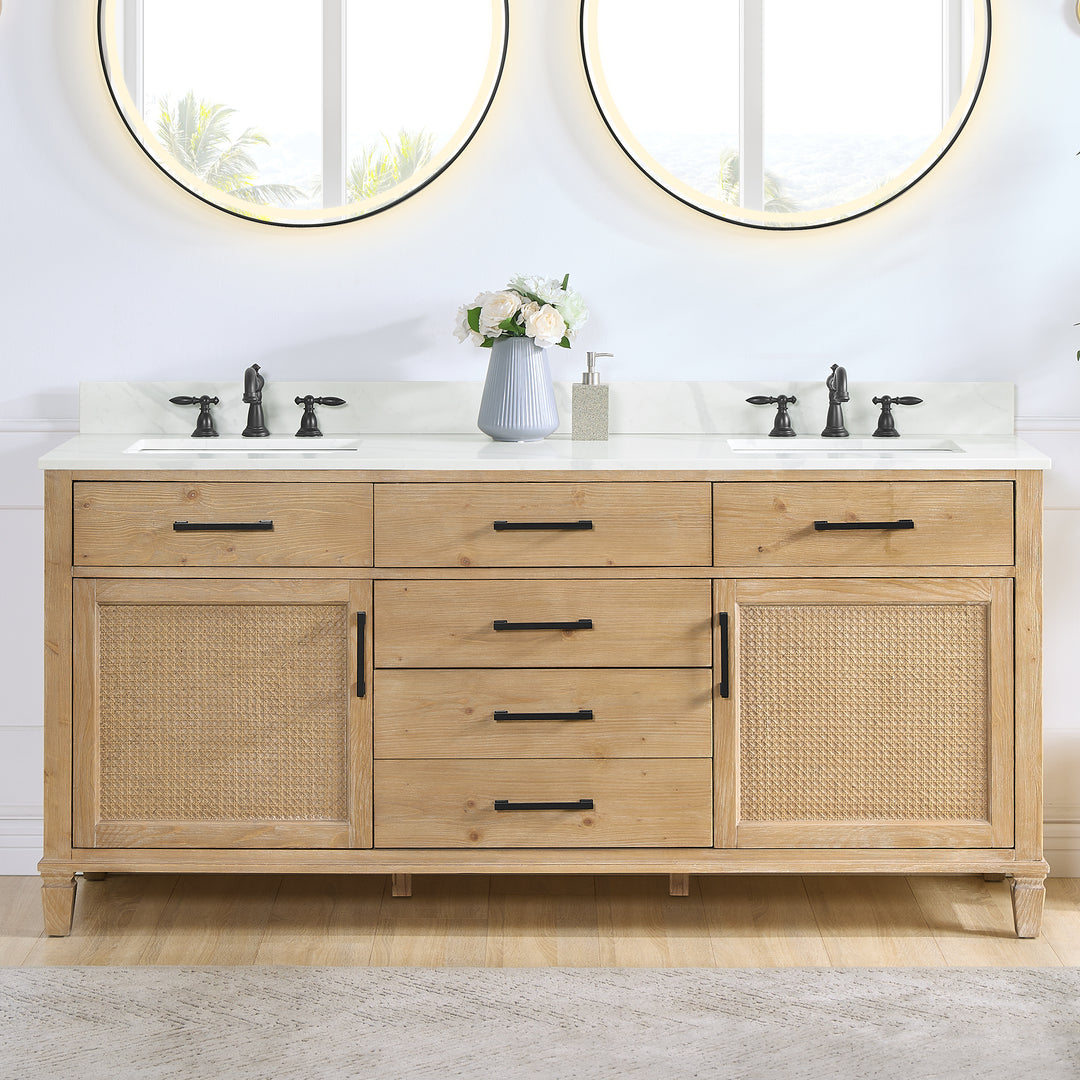 Arbios Arbios Quartz Stone Vanity Top in Calacatta White with White Sink - Pre-drilled for 8" widespread, 3-hole faucet design