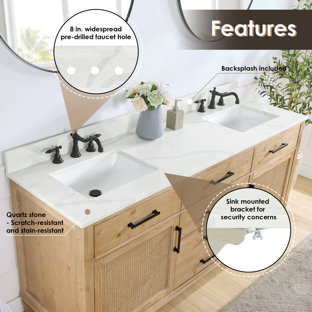 Arbios Arbios Quartz Stone Vanity Top in Calacatta White with White Sink - Pre-drilled for 8" widespread, 3-hole faucet design