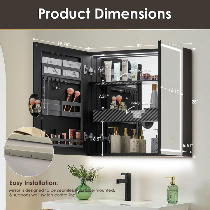 Hesili Rectangular Frameless Surface-Mount LED Lighted Bathroom Mirror Medicine Cabinet