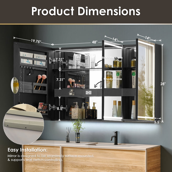 Hesili Rectangular Frameless Surface-Mount LED Lighted Bathroom Mirror Medicine Cabinet