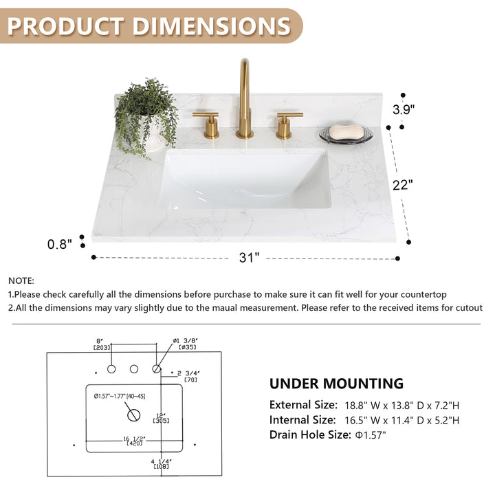 Ceres Engineered Stone Vanity Top in Grain White with Single White Sink