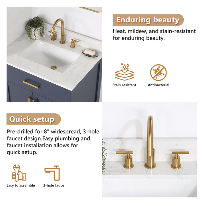 Ceres Engineered Stone Vanity Top in Grain White with Single White Sink