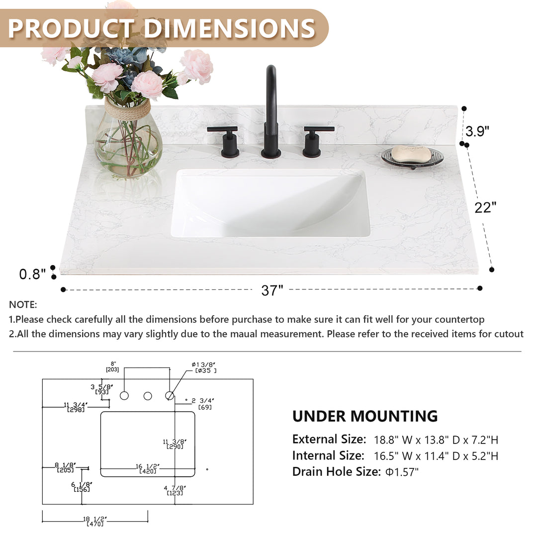 Ceres Engineered Stone Vanity Top in Grain White with Single White Sink