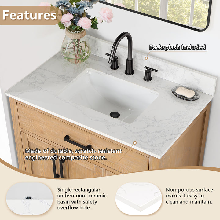 Ceres Engineered Stone Vanity Top in Grain White with Single White Sink